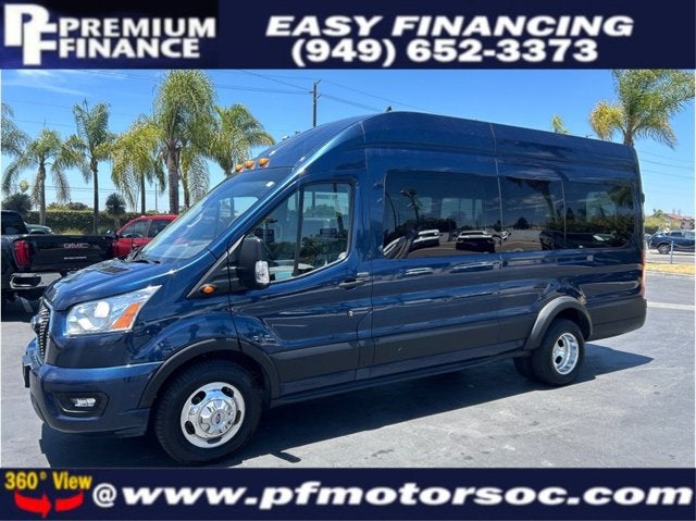 2022 Ford Transit Passenger Wagon XLT AWD 15 PASSENGER DUAL A/C LEATHER PACKAGE CLEA in Blue — front three-quarter view